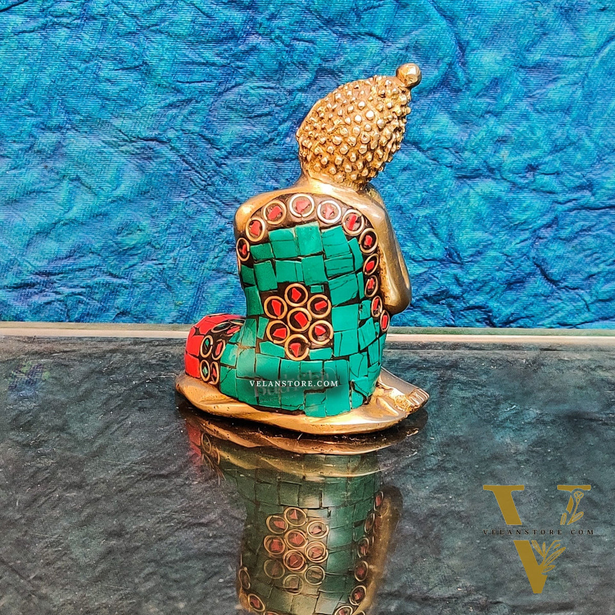 Handcrafted Brass Thinking Buddha Statue | Meenakari Stonework | 4" x 3" x 2.5