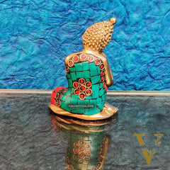 Handcrafted Brass Thinking Buddha Statue | Meenakari Stonework | 4" x 3" x 2.5