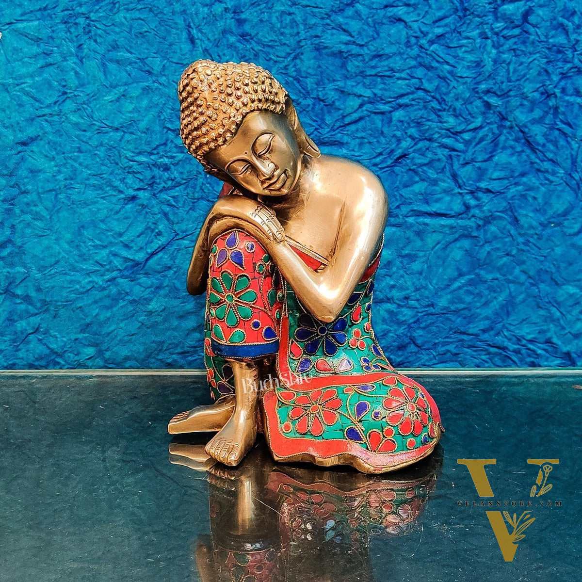 Handcrafted Brass Thinking Buddha Statue with flora meenakari stonework, 9" x 6.5" x 5"