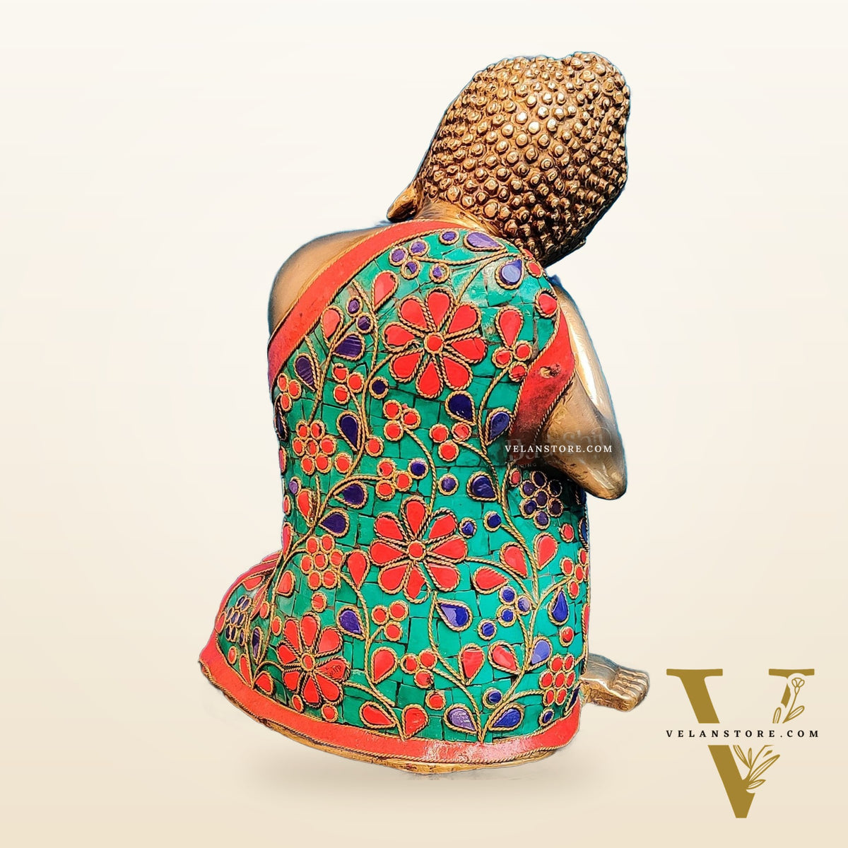 Handcrafted Brass Thinking Buddha Statue with flora meenakari stonework, 9" x 6.5" x 5"