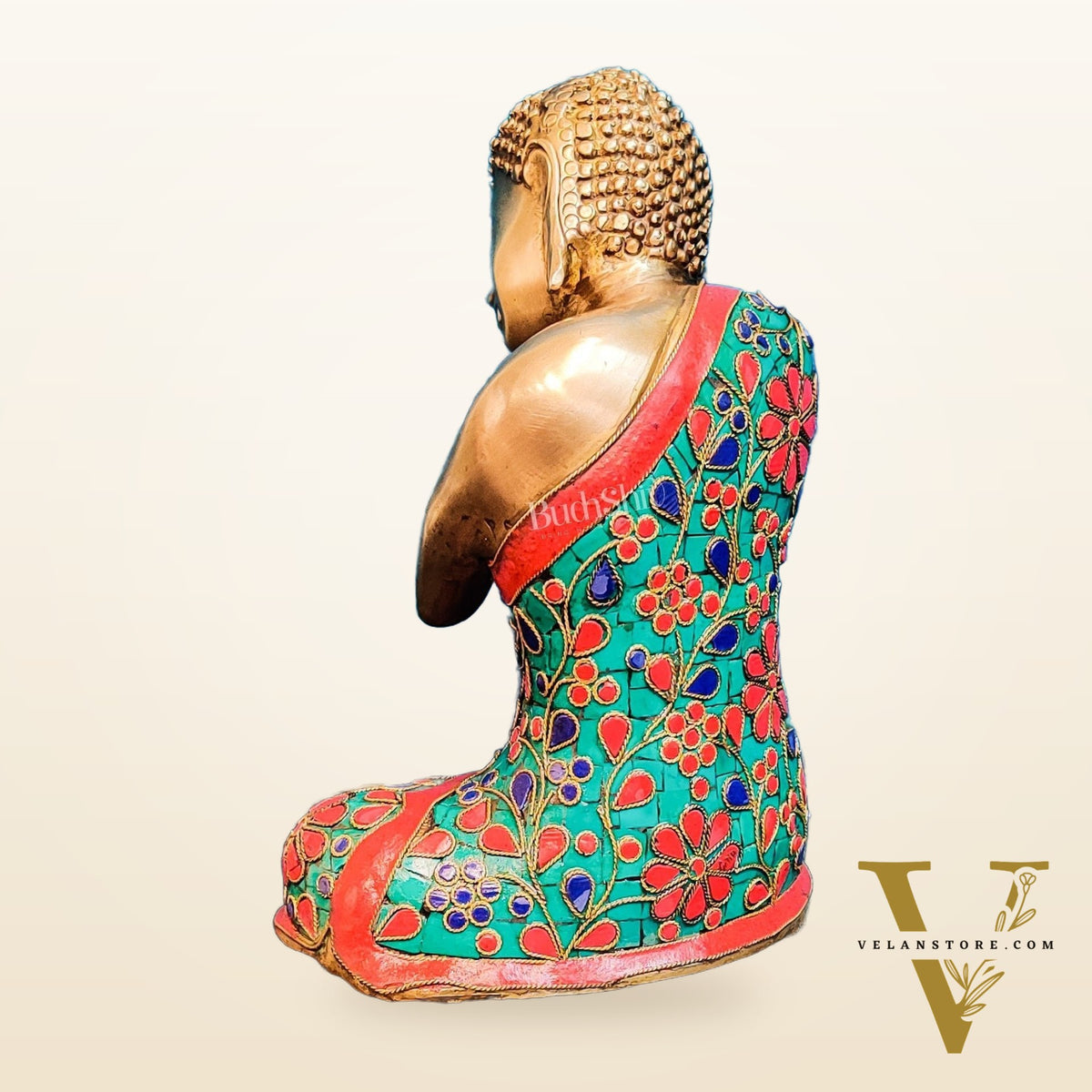 Handcrafted Brass Thinking Buddha Statue with flora meenakari stonework, 9" x 6.5" x 5"