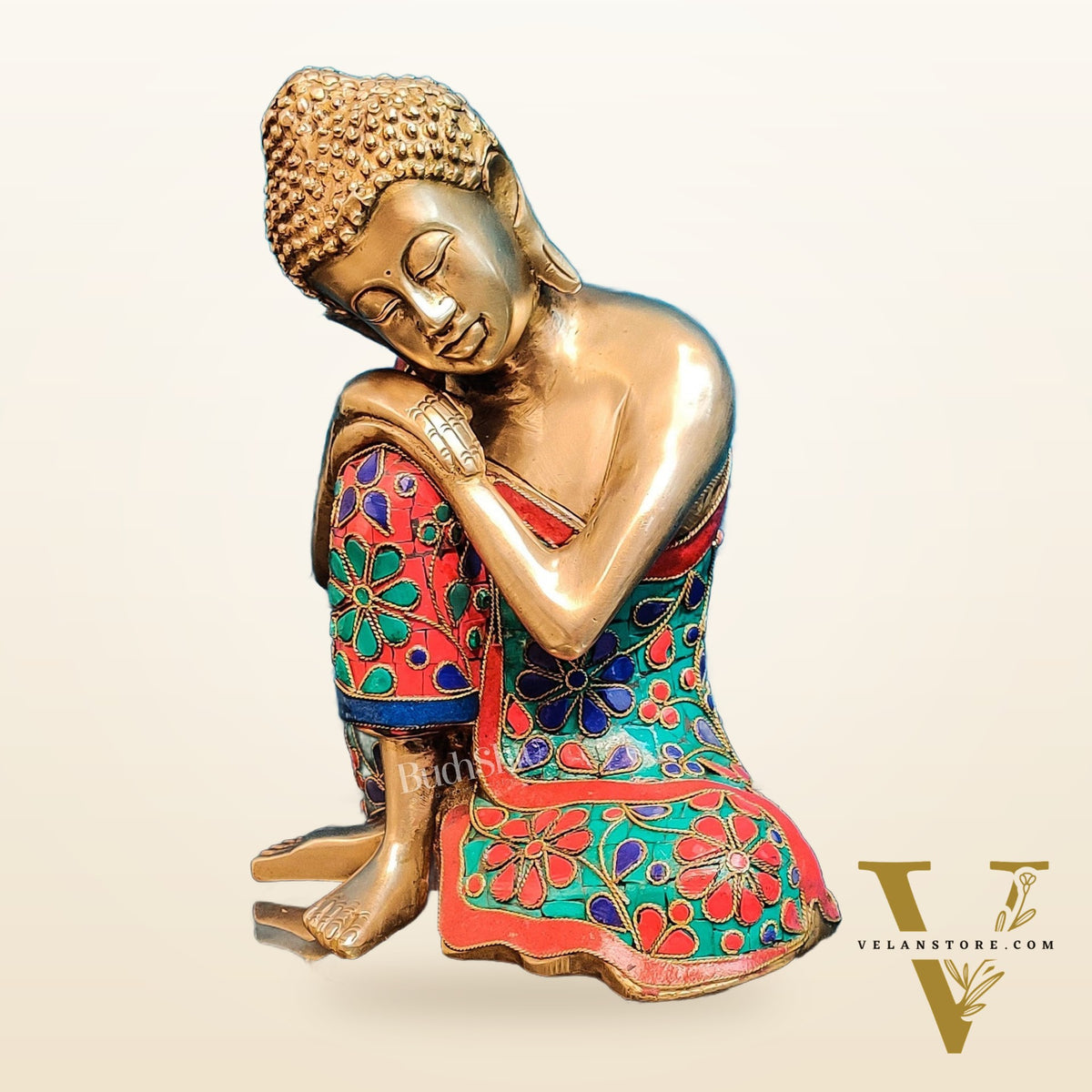 Handcrafted Brass Thinking Buddha Statue with flora meenakari stonework, 9" x 6.5" x 5"