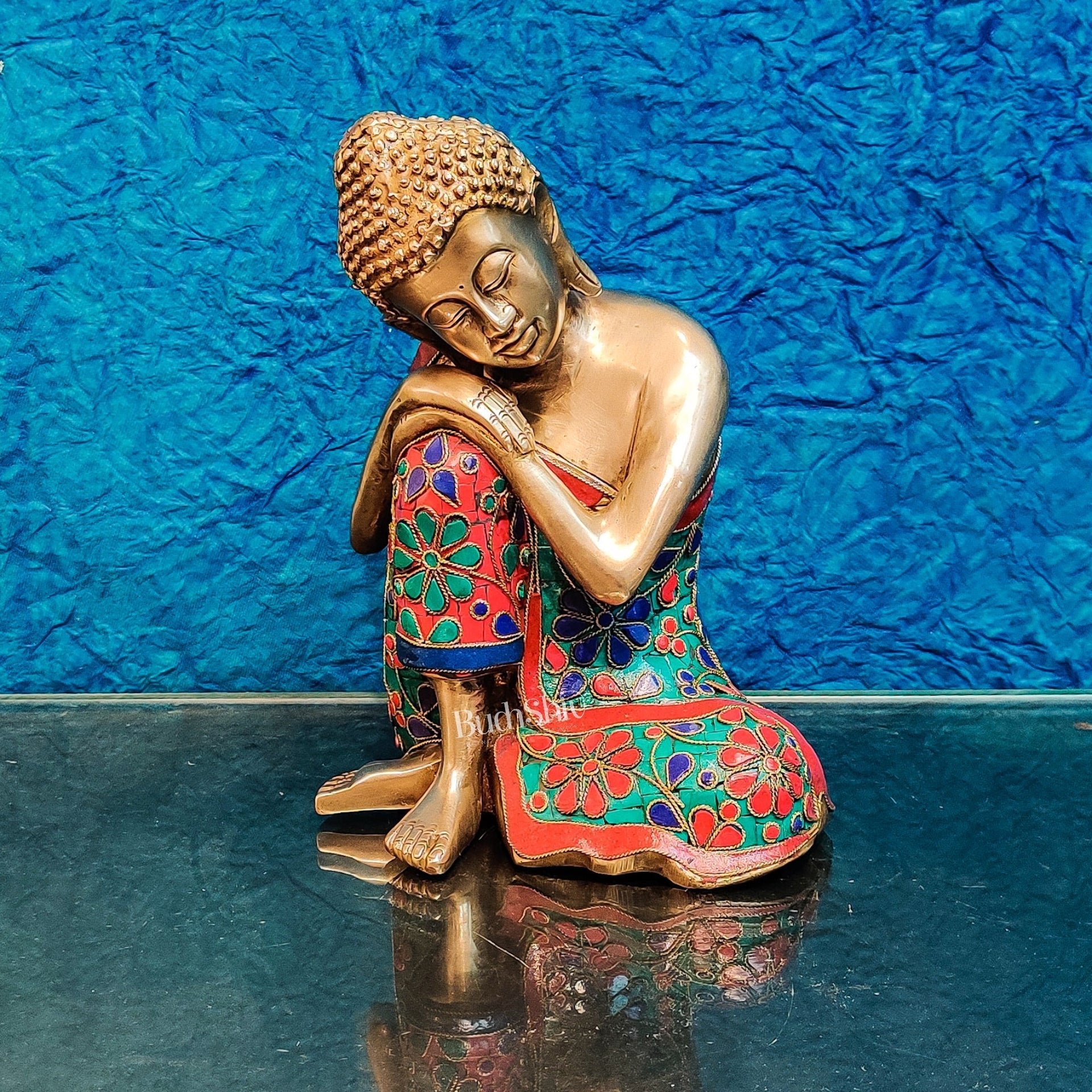 Handcrafted Brass Thinking Buddha Statue with flora meenakari stonework, 9" x 6.5" x 5"