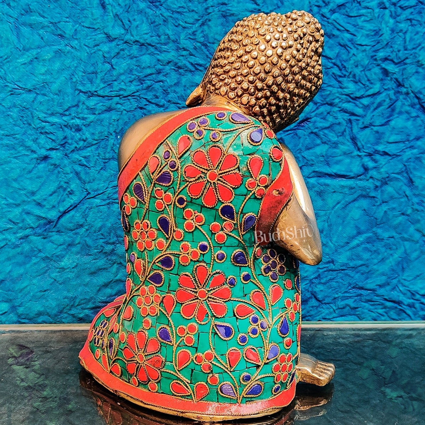 Handcrafted Brass Thinking Buddha Statue with flora meenakari stonework, 9" x 6.5" x 5"