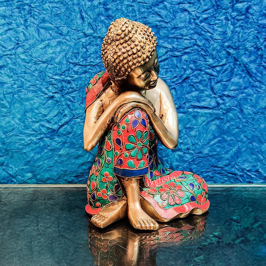 Handcrafted Brass Thinking Buddha Statue with flora meenakari stonework, 9" x 6.5" x 5"