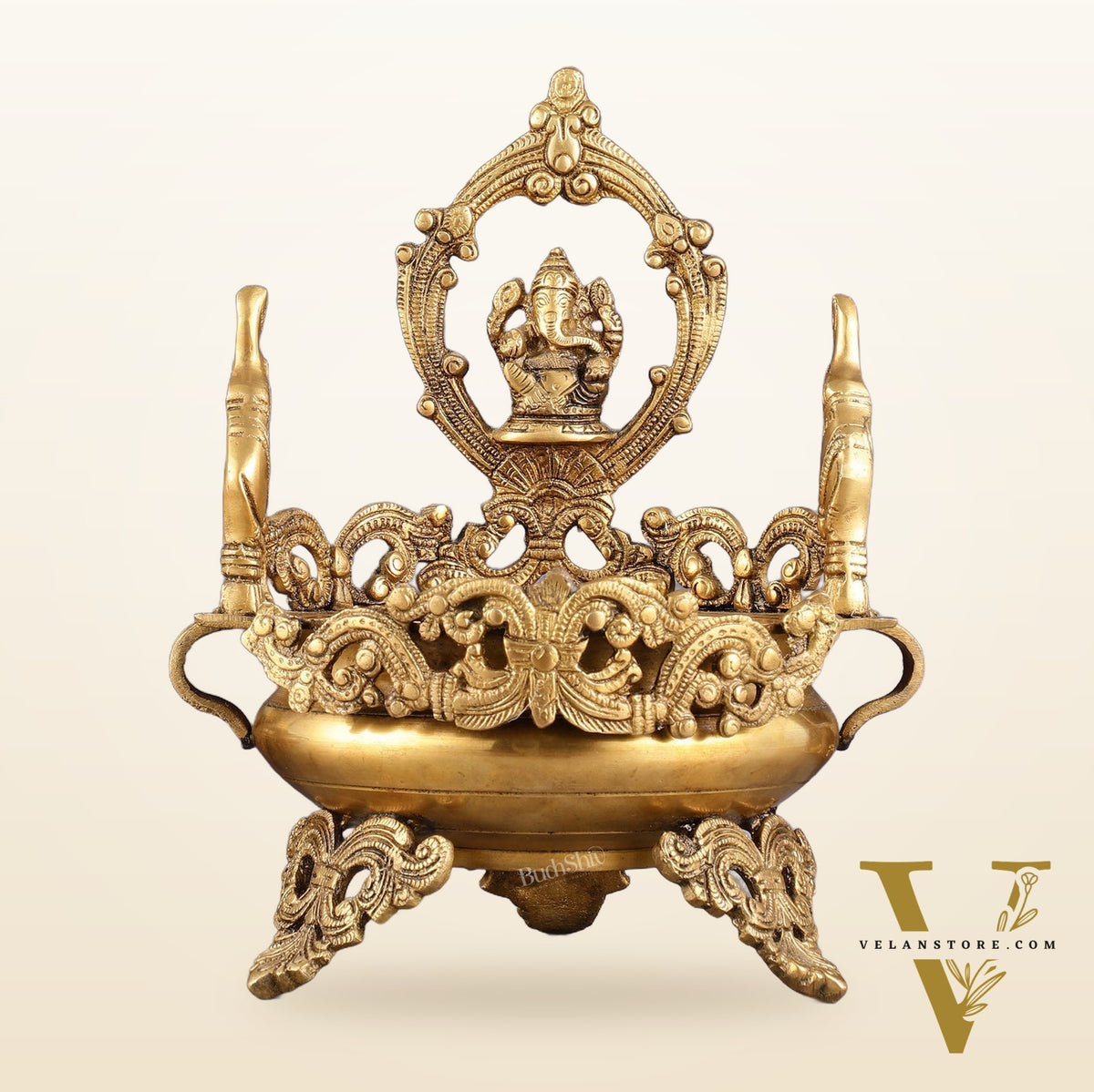 Handcrafted Brass Traditional Ganapati Urli Bowl with Elephants - 12-inch