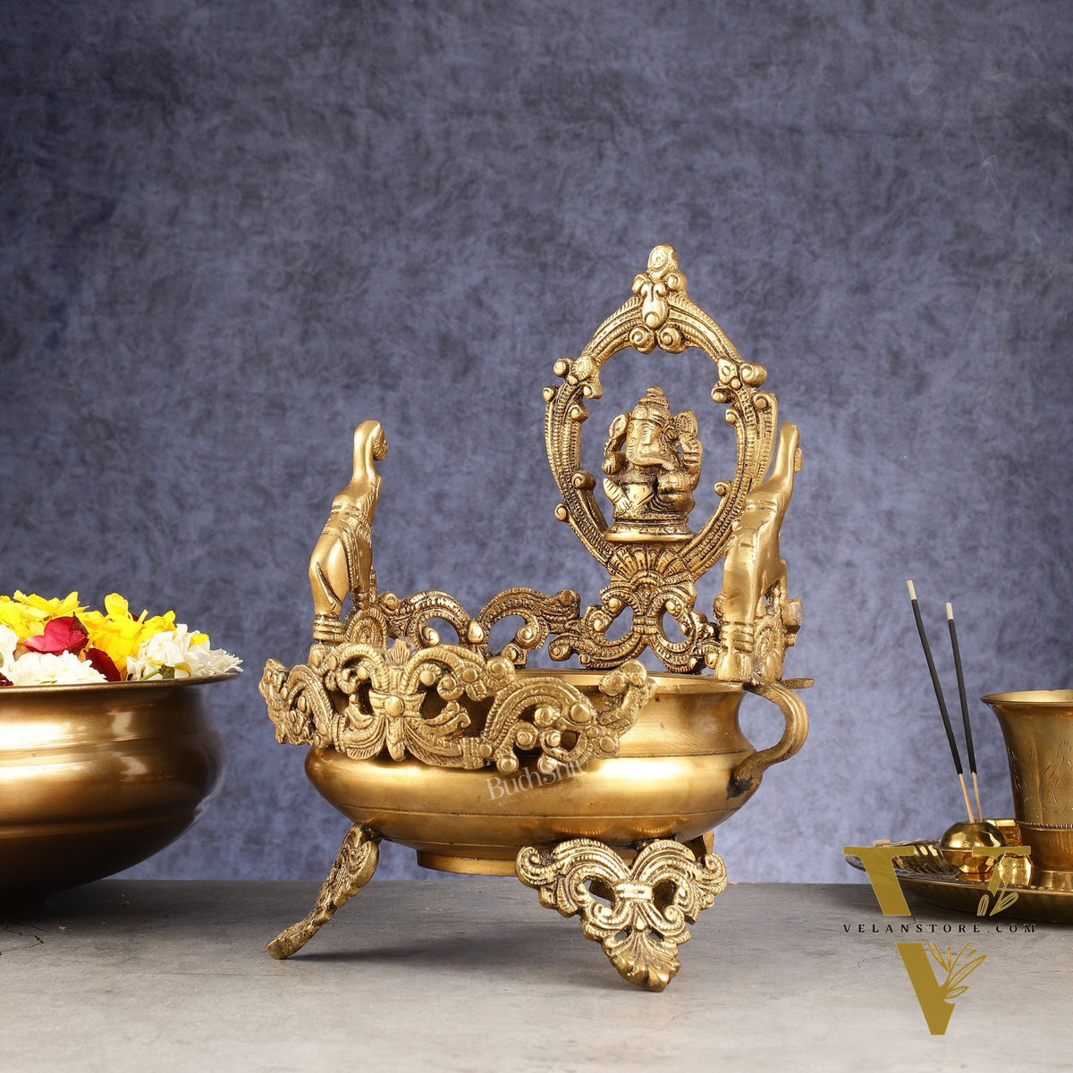 Handcrafted Brass Traditional Ganapati Urli Bowl with Elephants - 12-inch