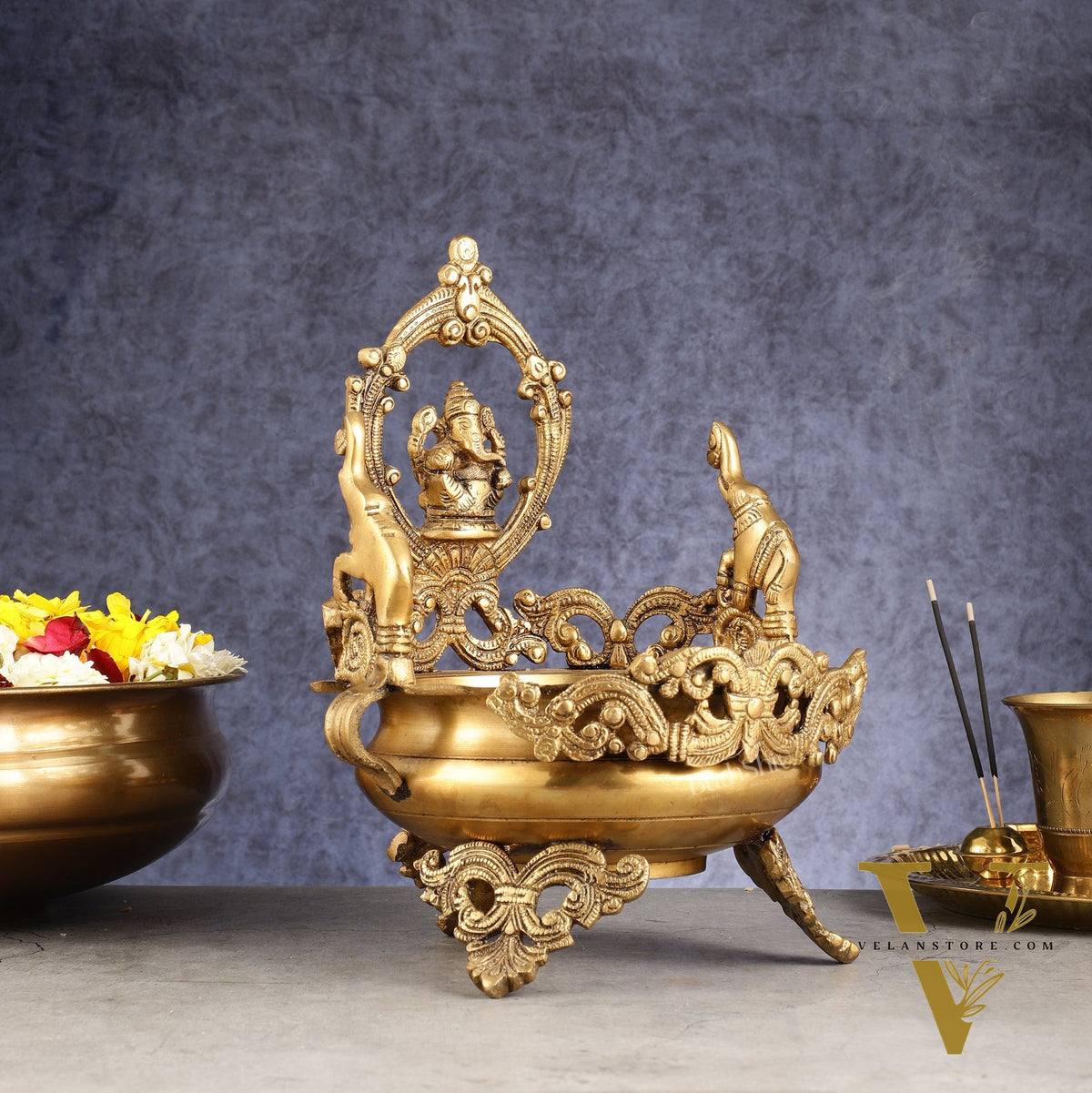 Handcrafted Brass Traditional Ganapati Urli Bowl with Elephants - 12-inch