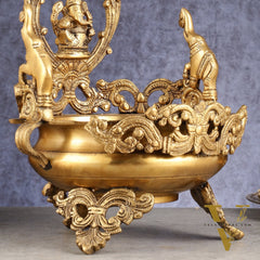 Handcrafted Brass Traditional Ganapati Urli Bowl with Elephants - 12-inch