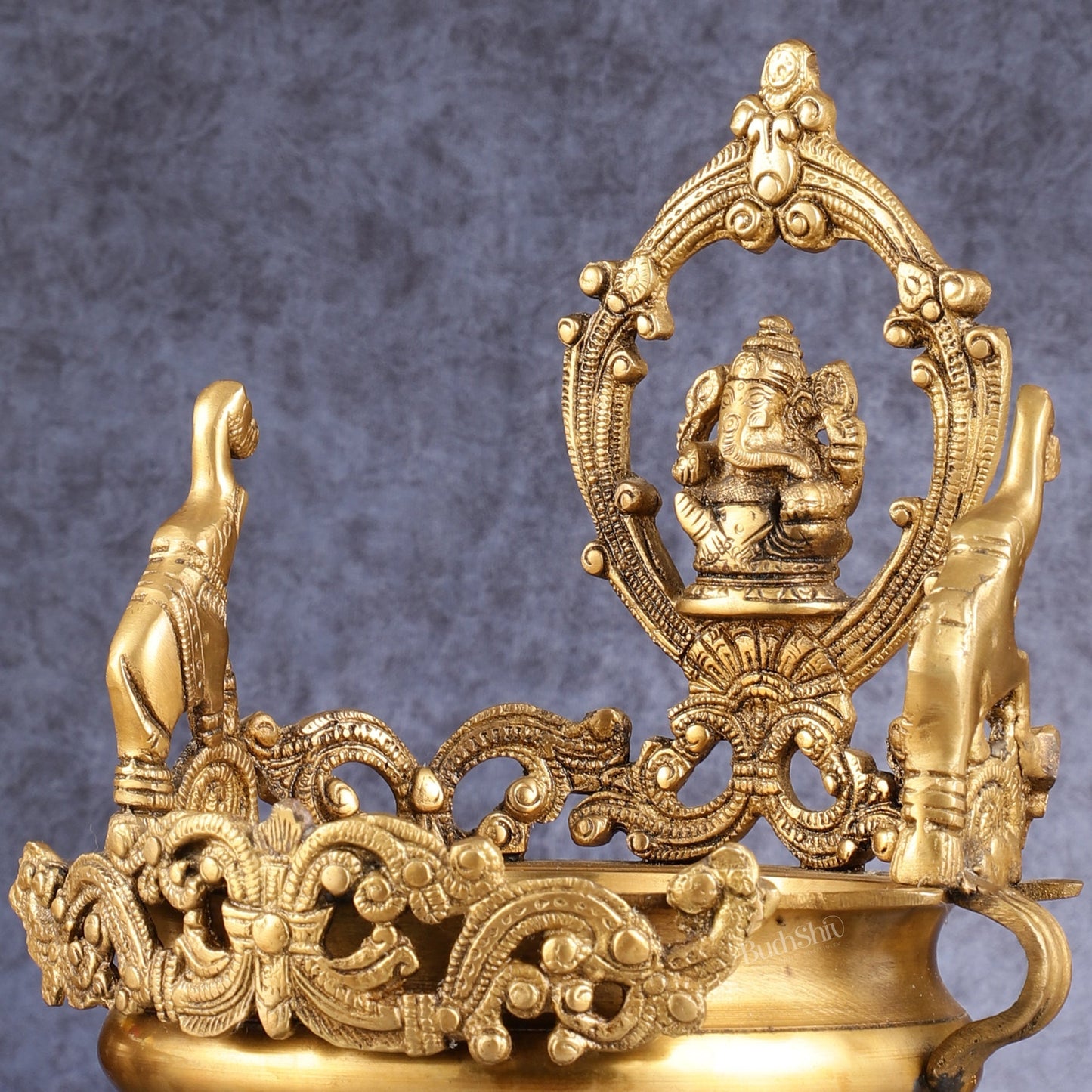 Handcrafted Brass Traditional Ganapati Urli Bowl with Elephants - 12-inch