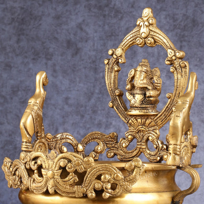 Handcrafted Brass Traditional Ganapati Urli Bowl with Elephants - 12-inch