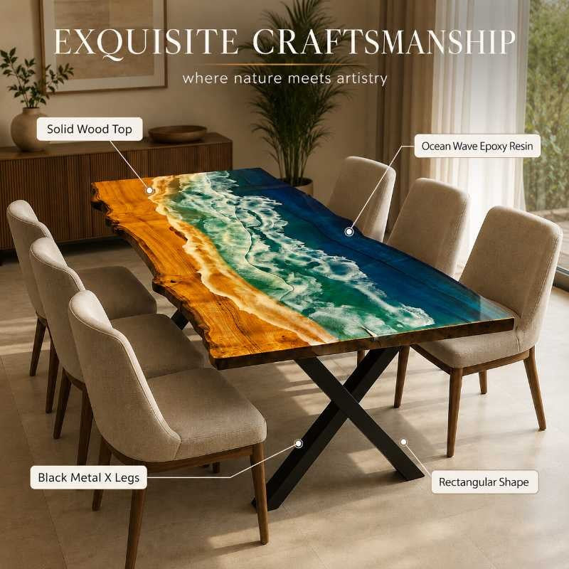 Live Edge Ocean Wave Epoxy Resin Dining Table, Custom Dining Table | Custom Wood Resin Furniture, Live Edge Wood & Blue Resin Art Table | Coastal Style Dining Table