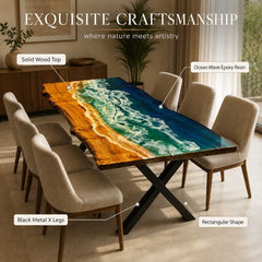 Live Edge Ocean Wave Epoxy Resin Dining Table, Custom Dining Table | Custom Wood Resin Furniture, Live Edge Wood & Blue Resin Art Table | Coastal Style Dining Table