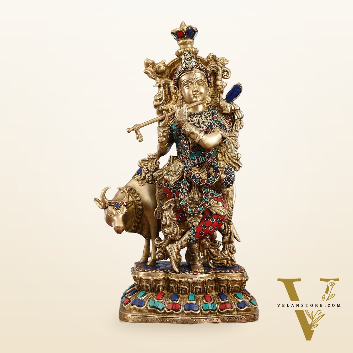 Handcrafted Divine Brass Krishna with cow Statue 17 inch