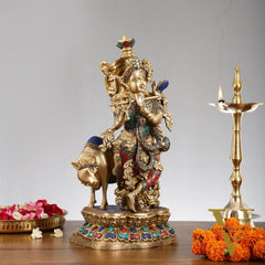 Handcrafted Divine Brass Krishna with cow Statue 17 inch