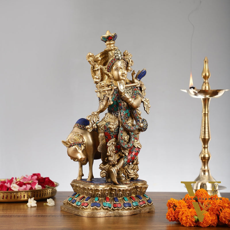Handcrafted Divine Brass Krishna with cow Statue 17 inch