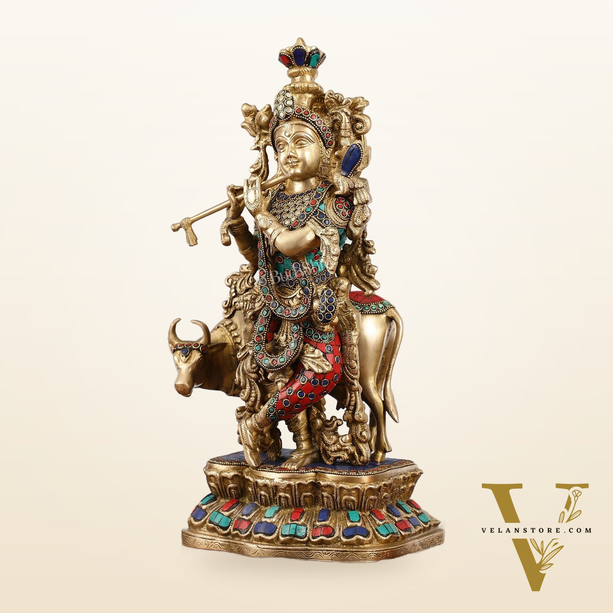 Handcrafted Divine Brass Krishna with cow Statue 17 inch