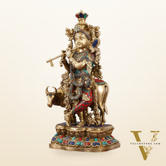 Handcrafted Divine Brass Krishna with cow Statue 17 inch
