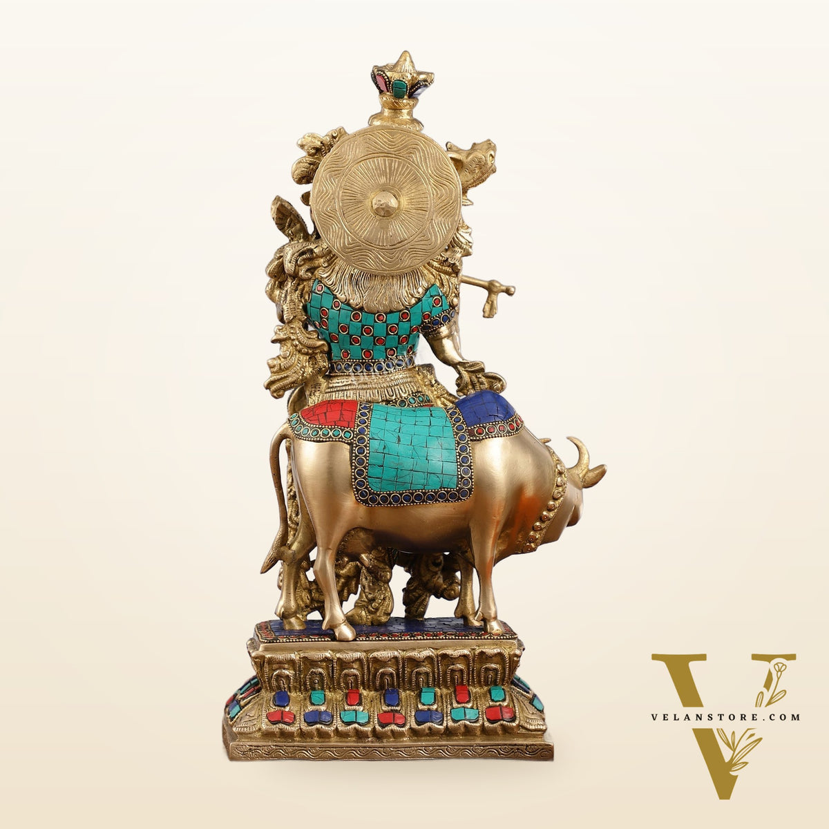 Handcrafted Divine Brass Krishna with cow Statue 17 inch