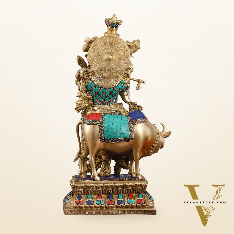 Handcrafted Divine Brass Krishna with cow Statue 17 inch
