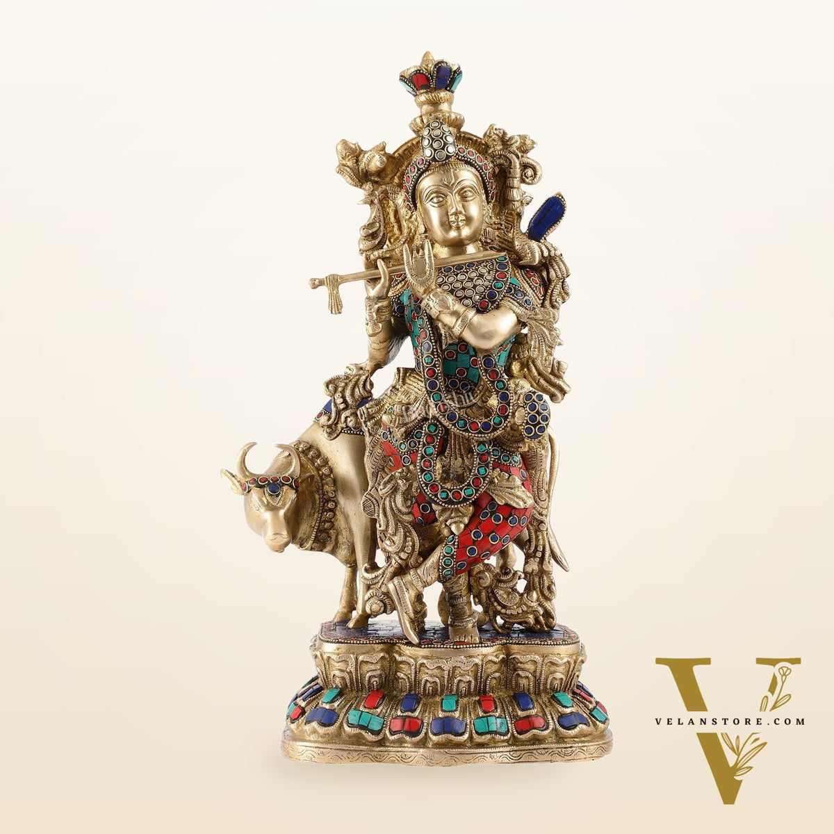 Handcrafted Divine Brass Krishna with cow Statue 17 inch
