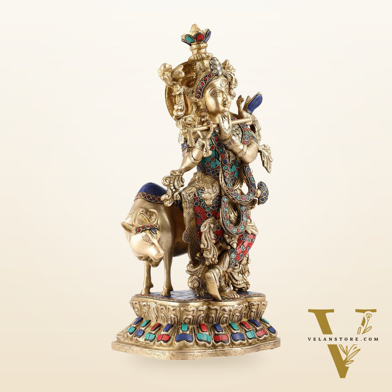 Handcrafted Divine Brass Krishna with cow Statue 17 inch