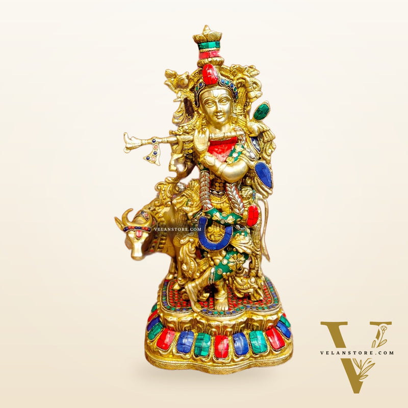 Handcrafted Divine Brass Krishna with cow Statue 17 inch