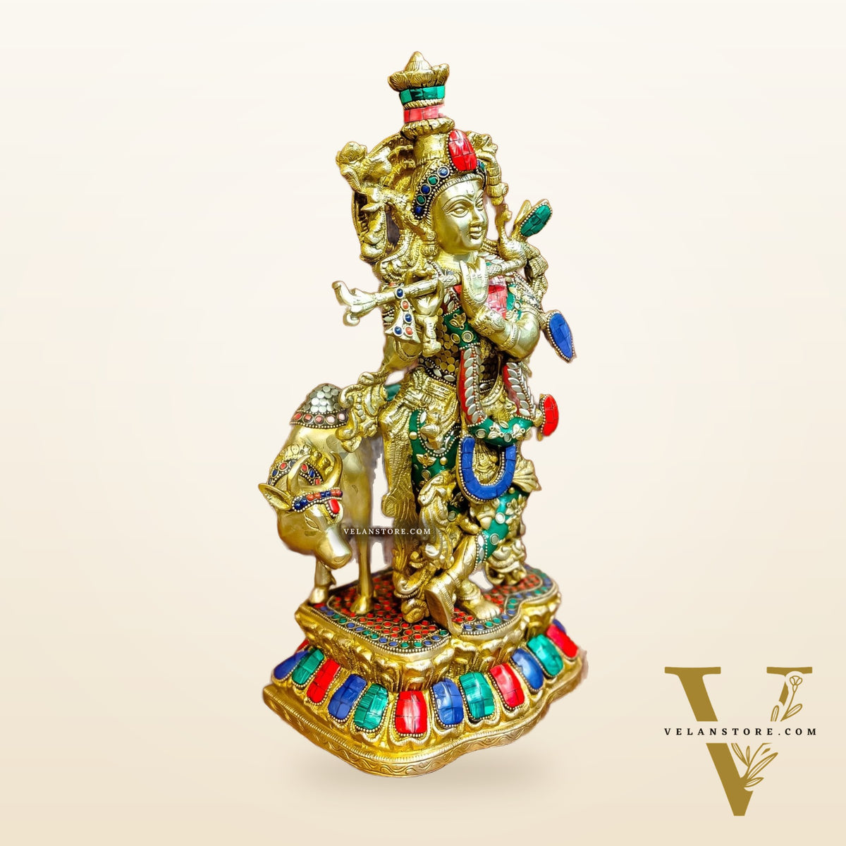 Handcrafted Divine Brass Krishna with cow Statue 17 inch