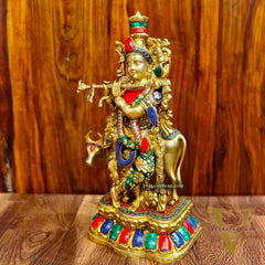 Handcrafted Divine Brass Krishna with cow Statue 17 inch