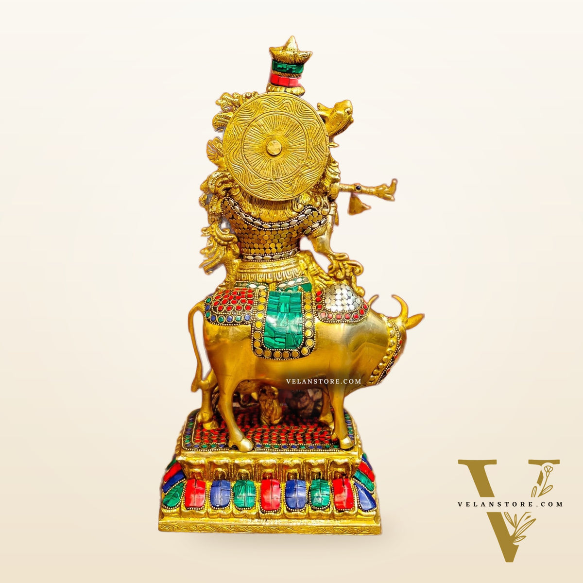 Handcrafted Divine Brass Krishna with cow Statue 17 inch