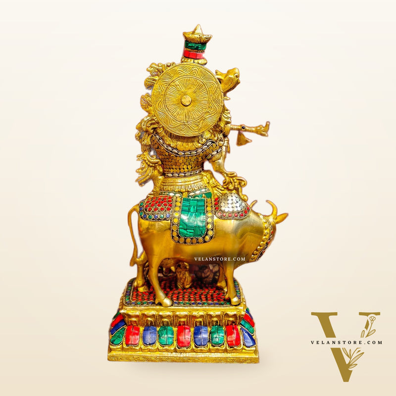 Handcrafted Divine Brass Krishna with cow Statue 17 inch