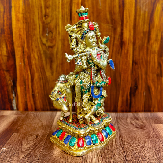 Handcrafted Divine Brass Krishna with cow Statue 17 inch