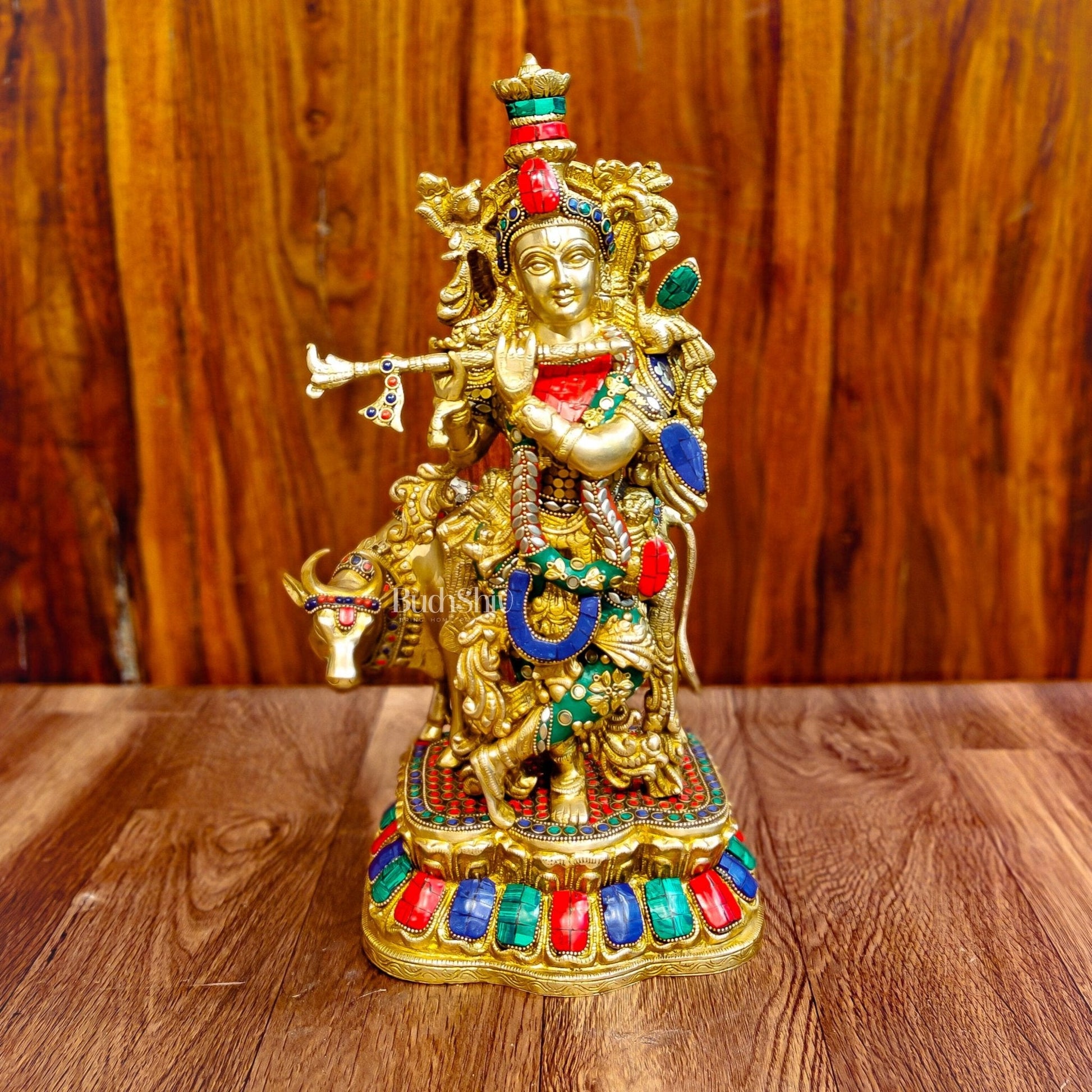 Handcrafted Divine Brass Krishna with cow Statue 17 inch