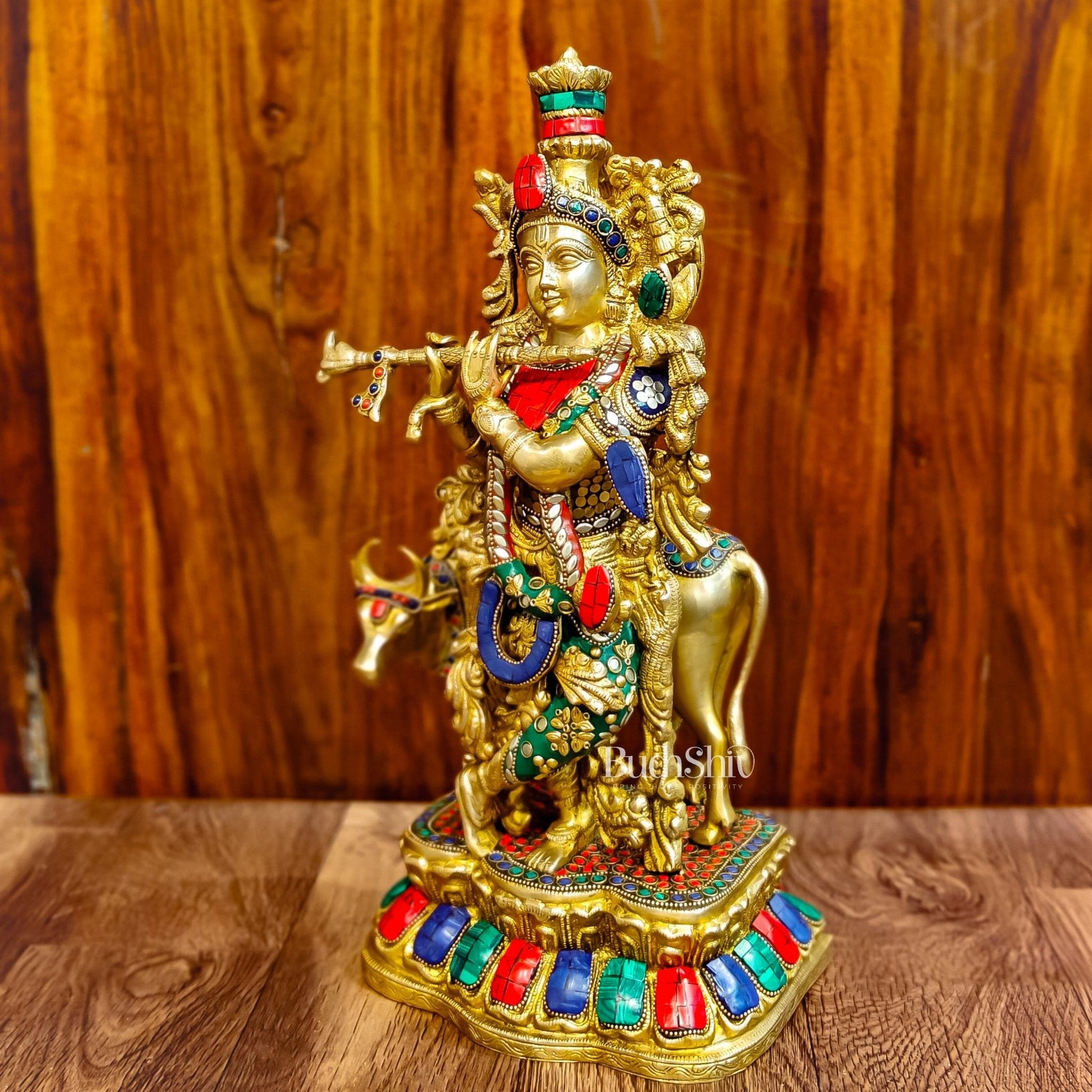 Handcrafted Divine Brass Krishna with cow Statue 17 inch