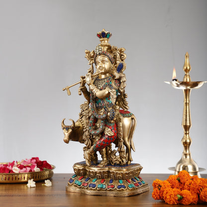 Handcrafted Divine Brass Krishna with cow Statue 17 inch