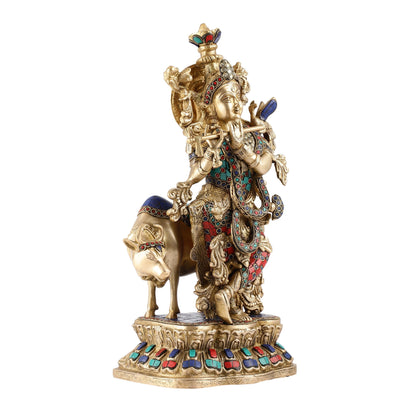 Handcrafted Divine Brass Krishna with cow Statue 17 inch