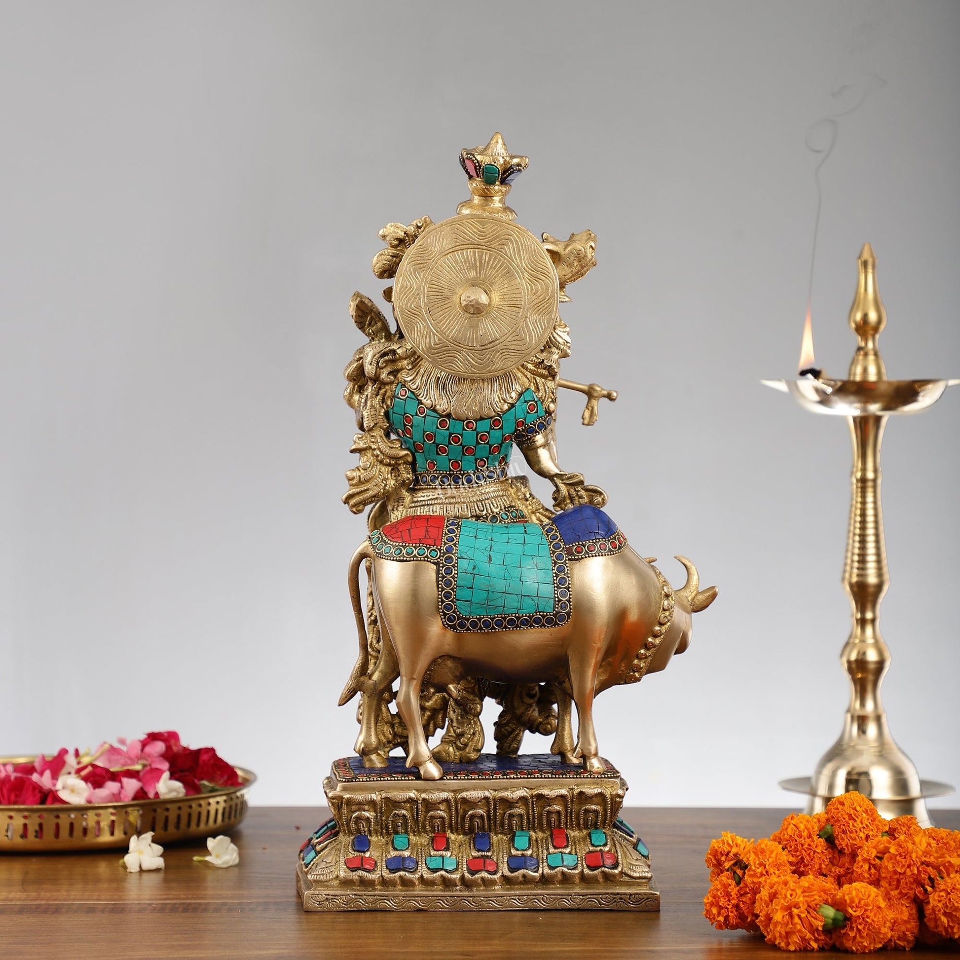 Handcrafted Divine Brass Krishna with cow Statue 17 inch