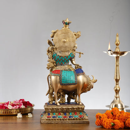 Handcrafted Divine Brass Krishna with cow Statue 17 inch