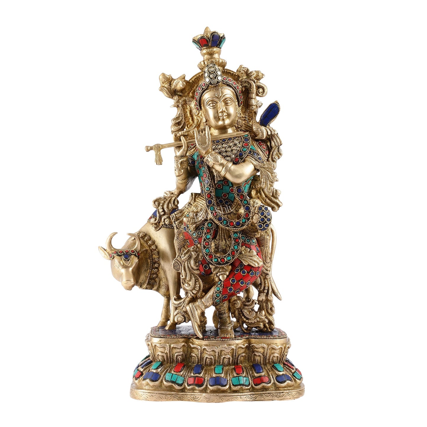 Handcrafted Divine Brass Krishna with cow Statue 17 inch