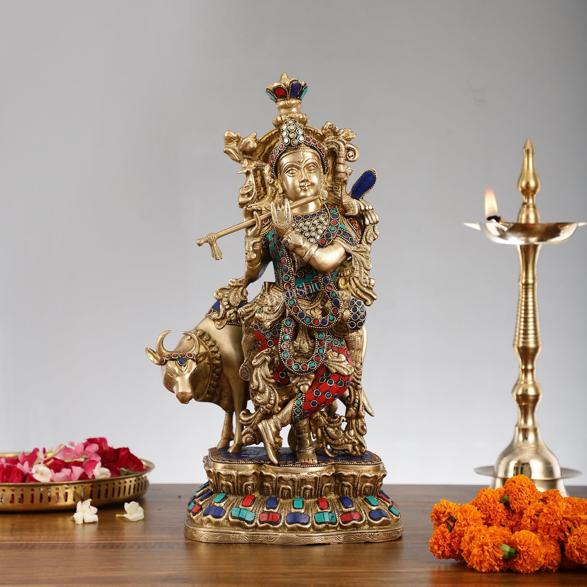 Handcrafted Divine Brass Krishna with cow Statue 17 inch