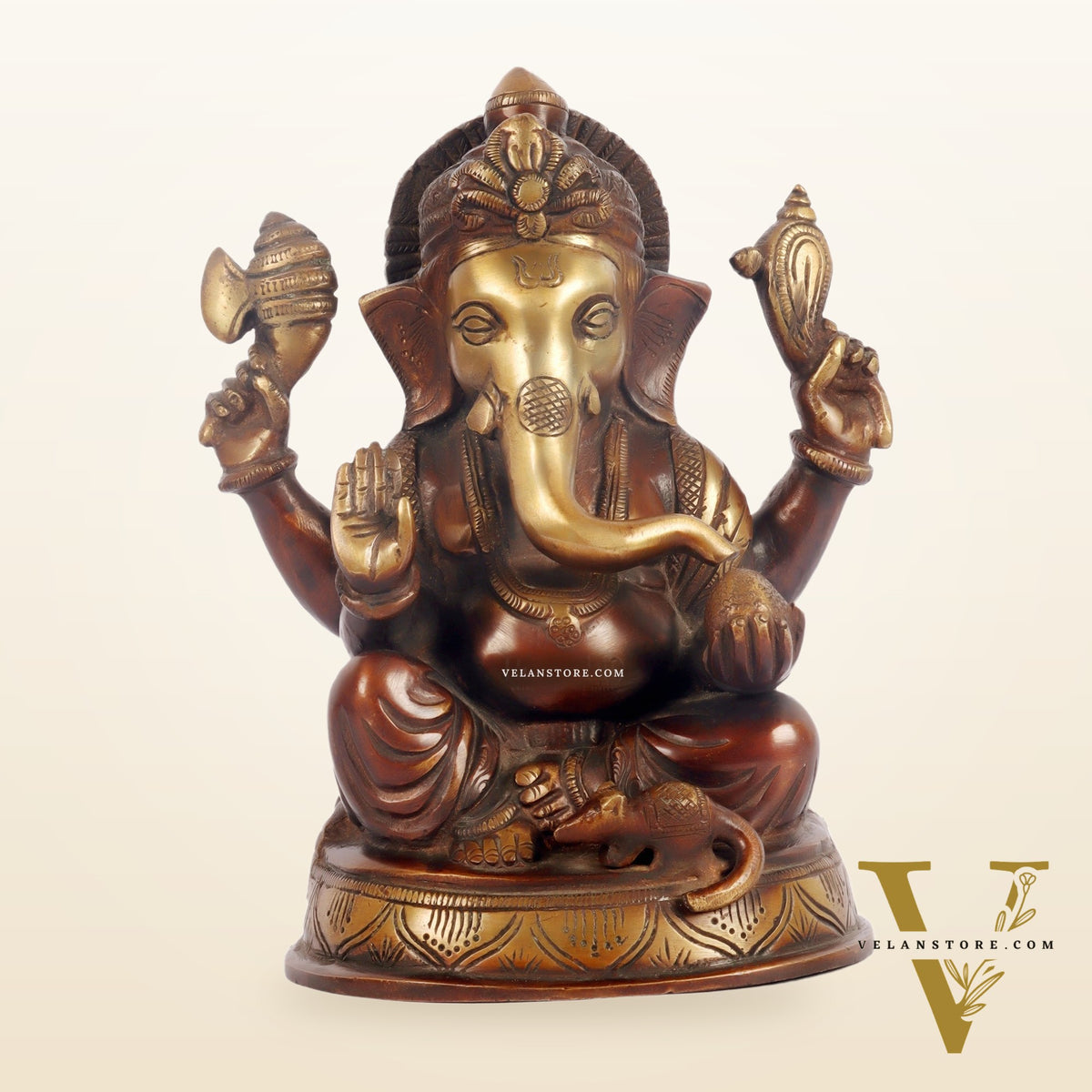 Handcrafted Fine Brass Ganesha Idol | Duel Tone Chocolate and Golden | Height 8 inches