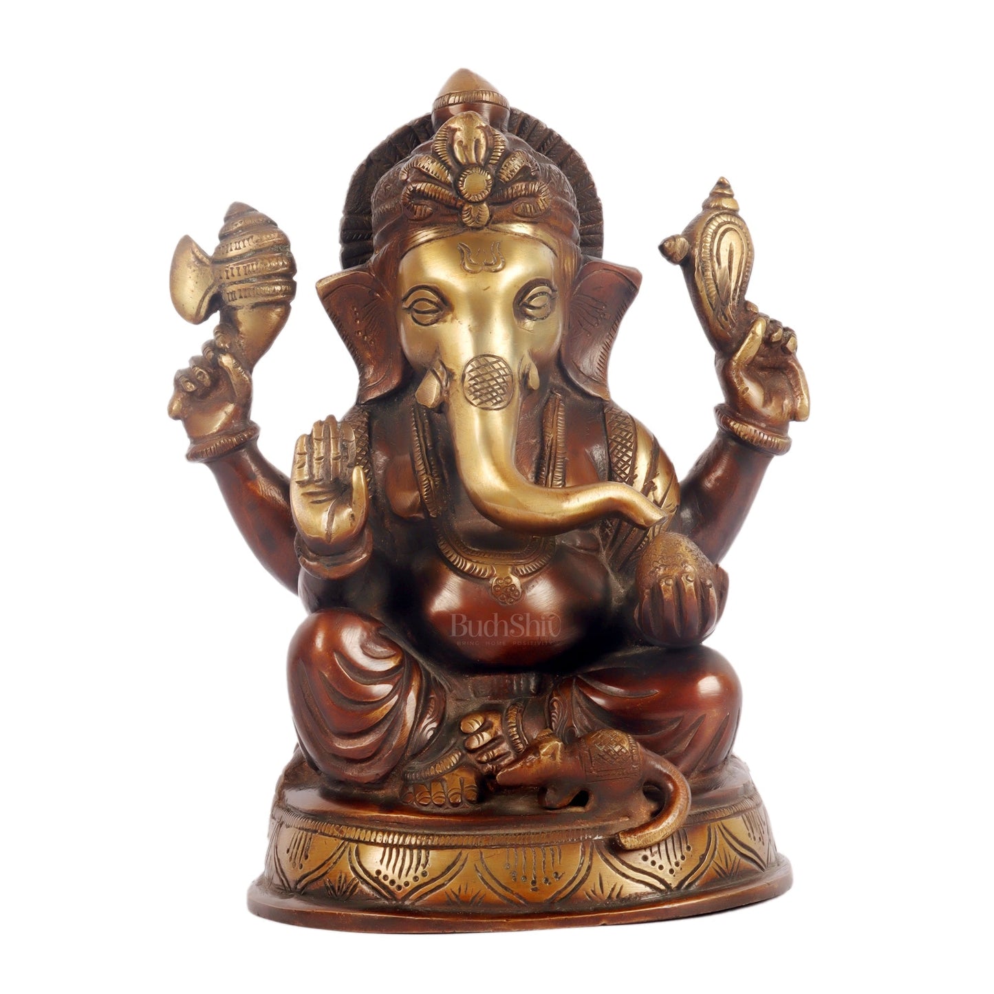 Handcrafted Fine Brass Ganesha Idol | Duel Tone Chocolate and Golden | Height 8 inches