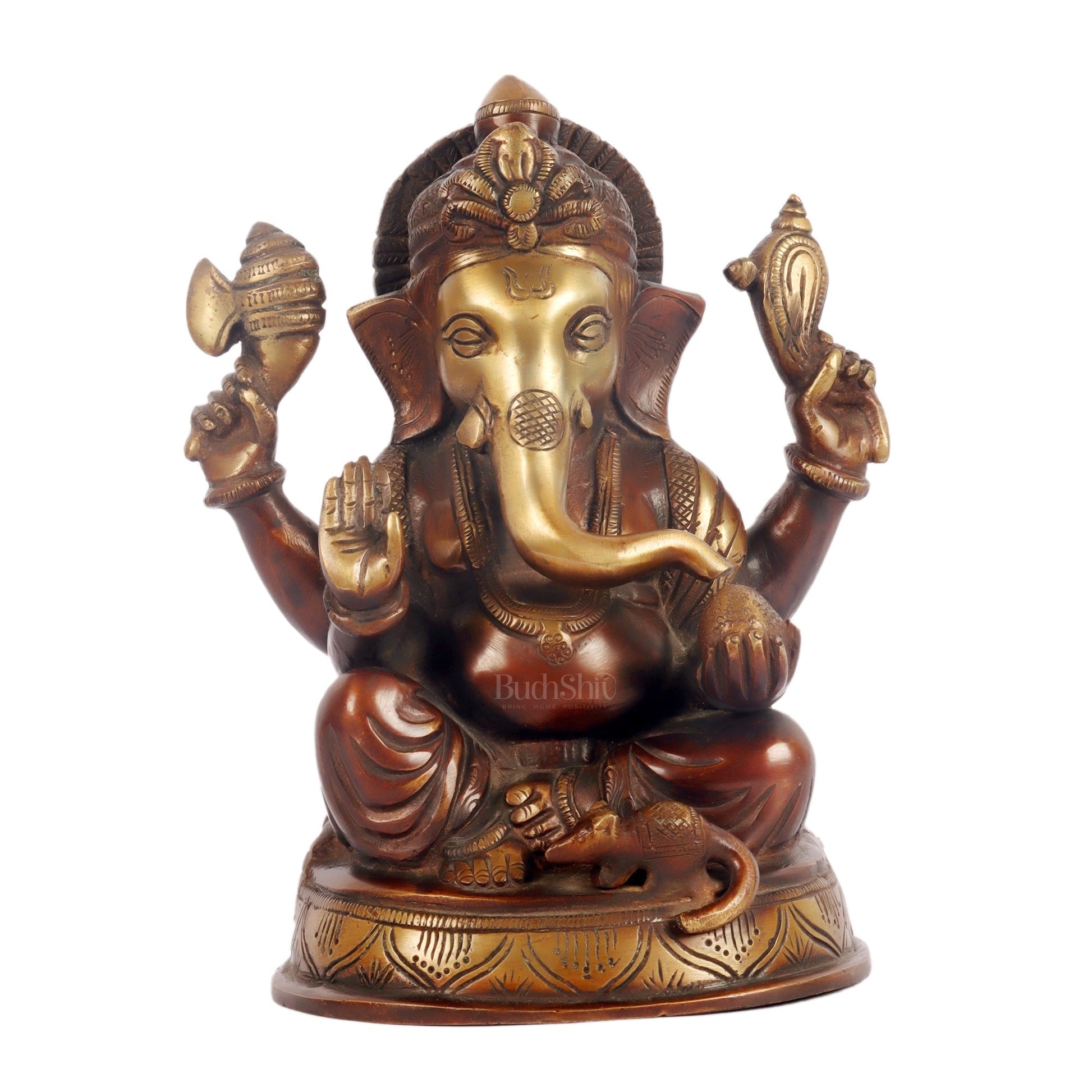 Handcrafted Fine Brass Ganesha Idol | Duel Tone Chocolate and Golden | Height 8 inches