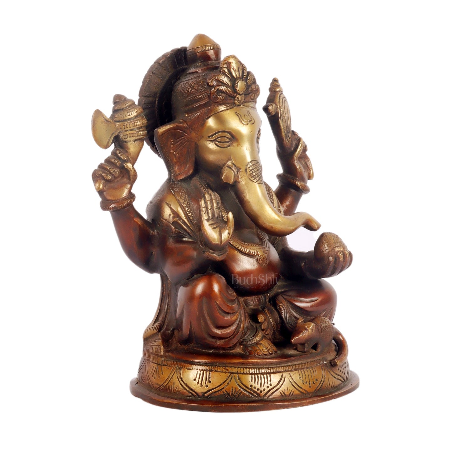 Handcrafted Fine Brass Ganesha Idol | Duel Tone Chocolate and Golden | Height 8 inches