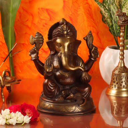 Handcrafted Fine Brass Ganesha Idol | Duel Tone Chocolate and Golden | Height 8 inches