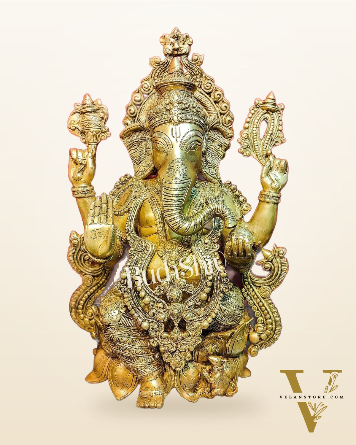 Handcrafted Fine Brass Ganesha Idol with Mouse 21"