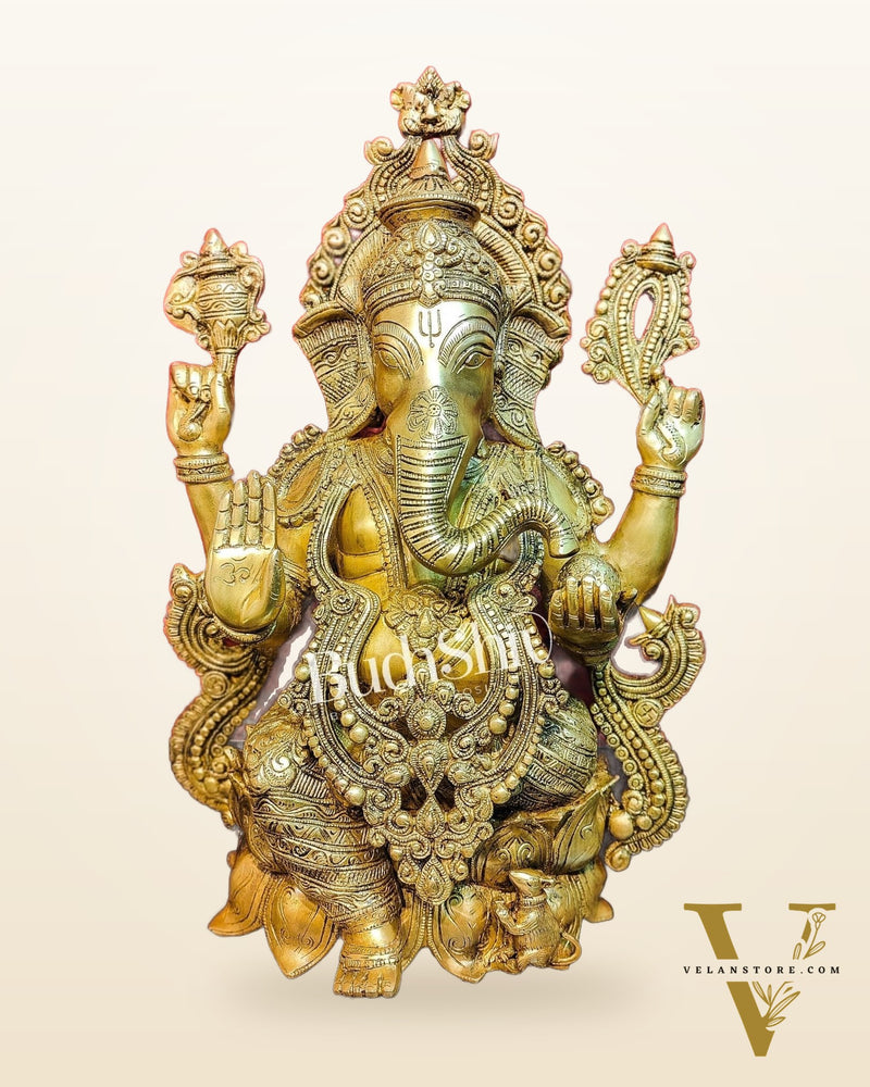 Handcrafted Fine Brass Ganesha Idol with Mouse 21"