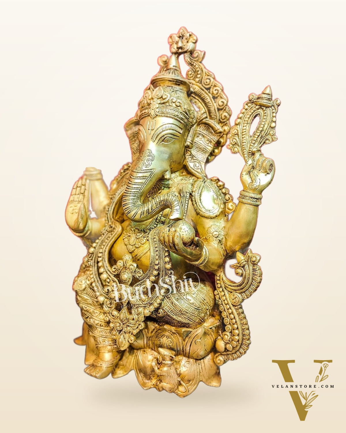Handcrafted Fine Brass Ganesha Idol with Mouse 21"