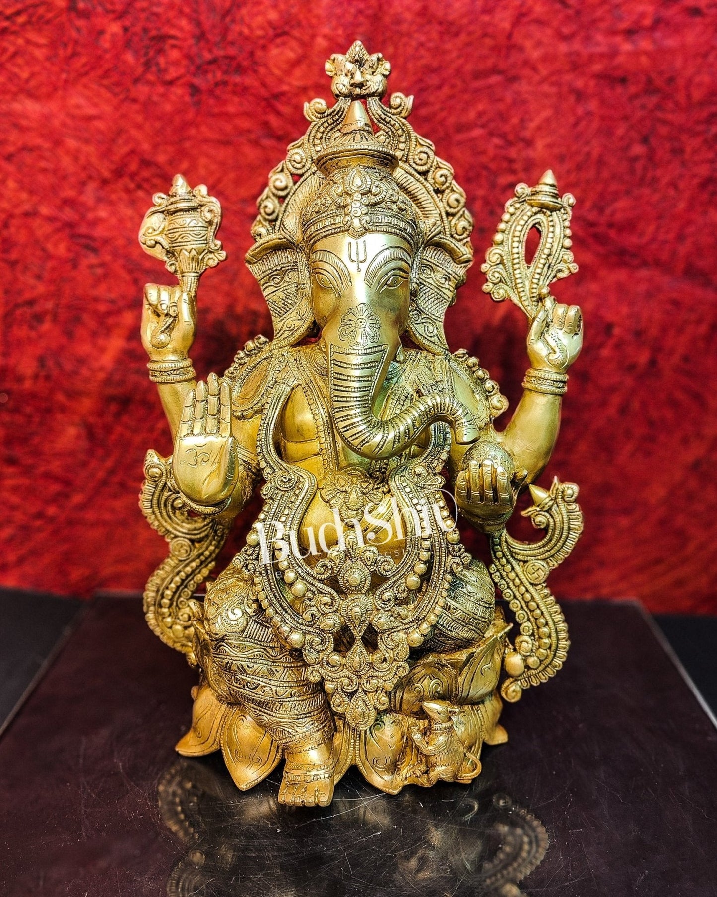 Handcrafted Fine Brass Ganesha Idol with Mouse 21"