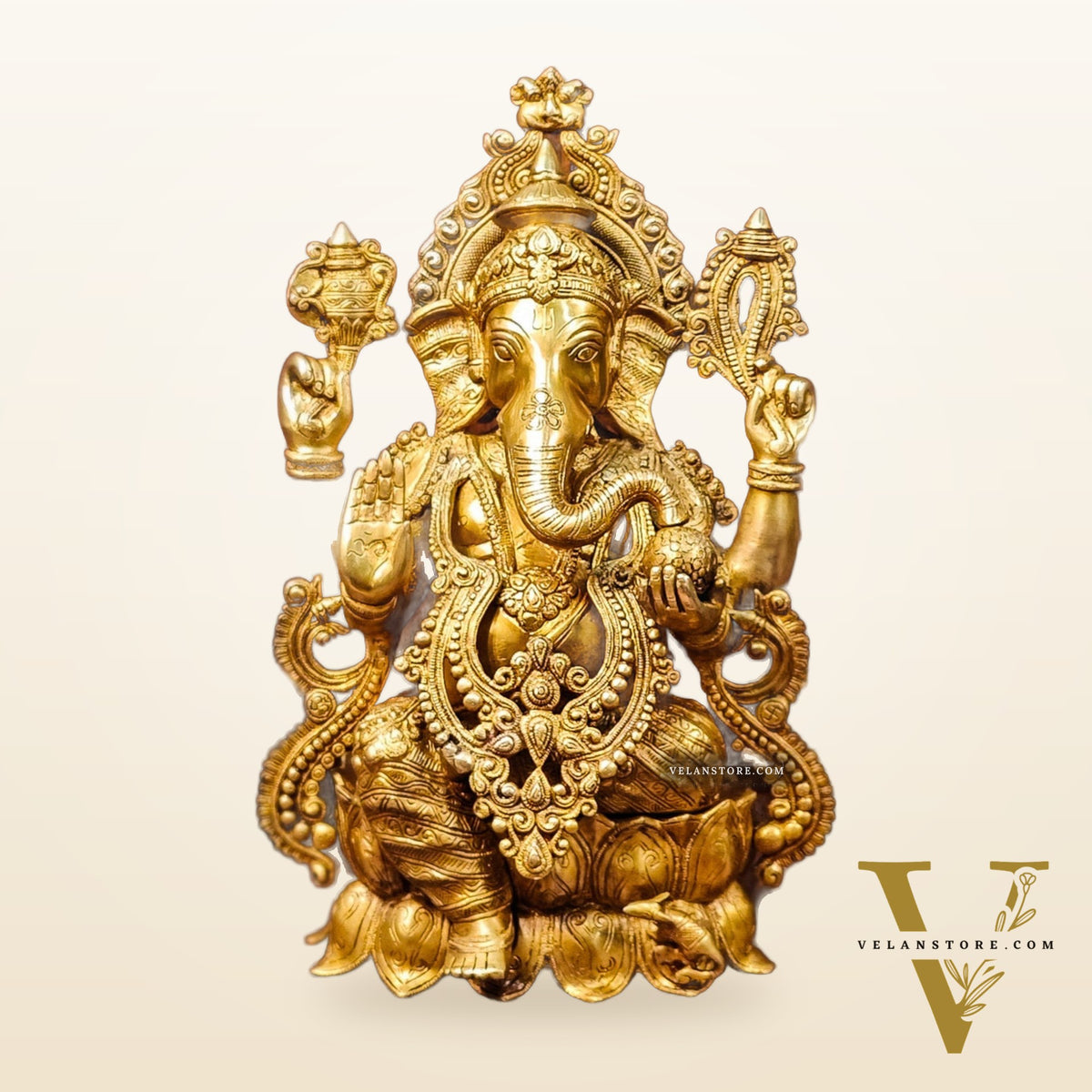 Handcrafted Fine Brass Ganesha Idol with Mouse and Detailed Jewelry 21"